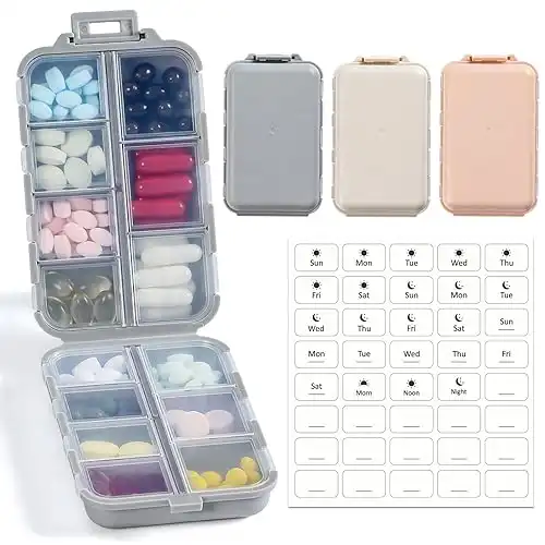 3 Pack, 14 GRIDS Travel Pill Organizer Box with Labels - Travel Medicine Case Kit - Pocket Daily Pharmacy Container - Travel Medication Holder Dispenser for Fish Oil Vitamin Supplement Storage